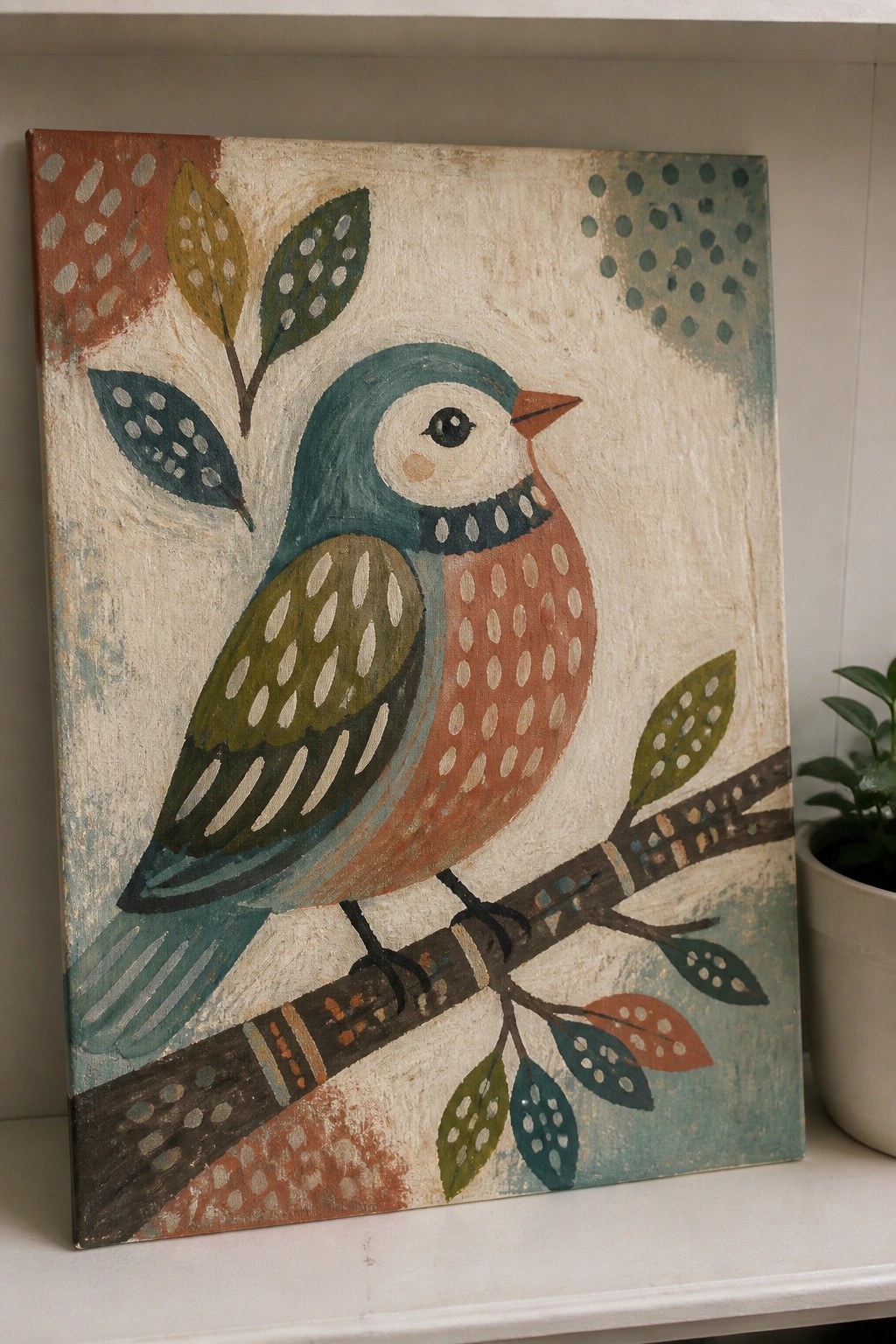 A painting of a blue and rust bird with white dotted patterns on its body and wings, perched on a brown branch with green and brown spotted leaves.