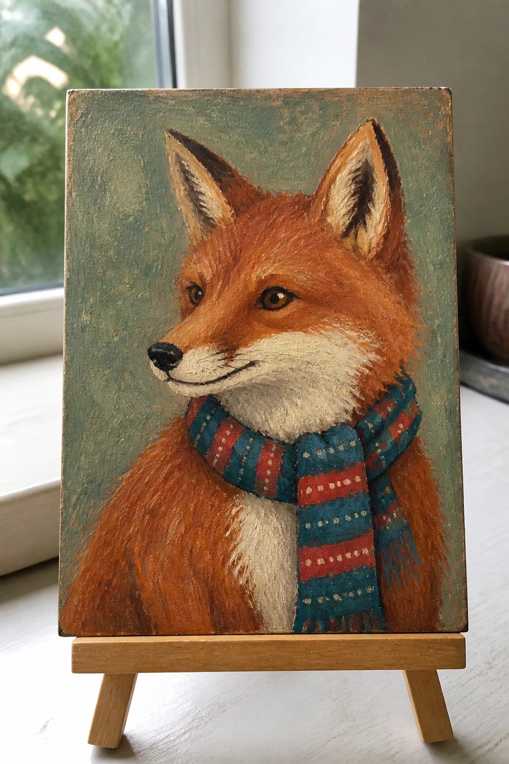 A small oil painting of a red fox wearing a teal and red striped scarf on a wooden easel.