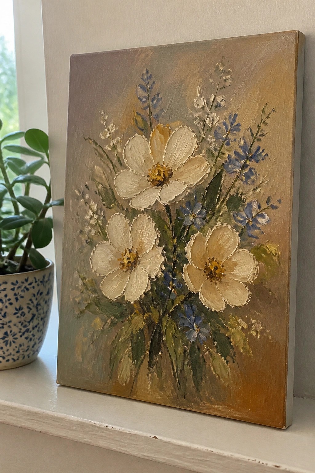 Impressionistic canvas painting of cream flowers with blue blooms on brown background
