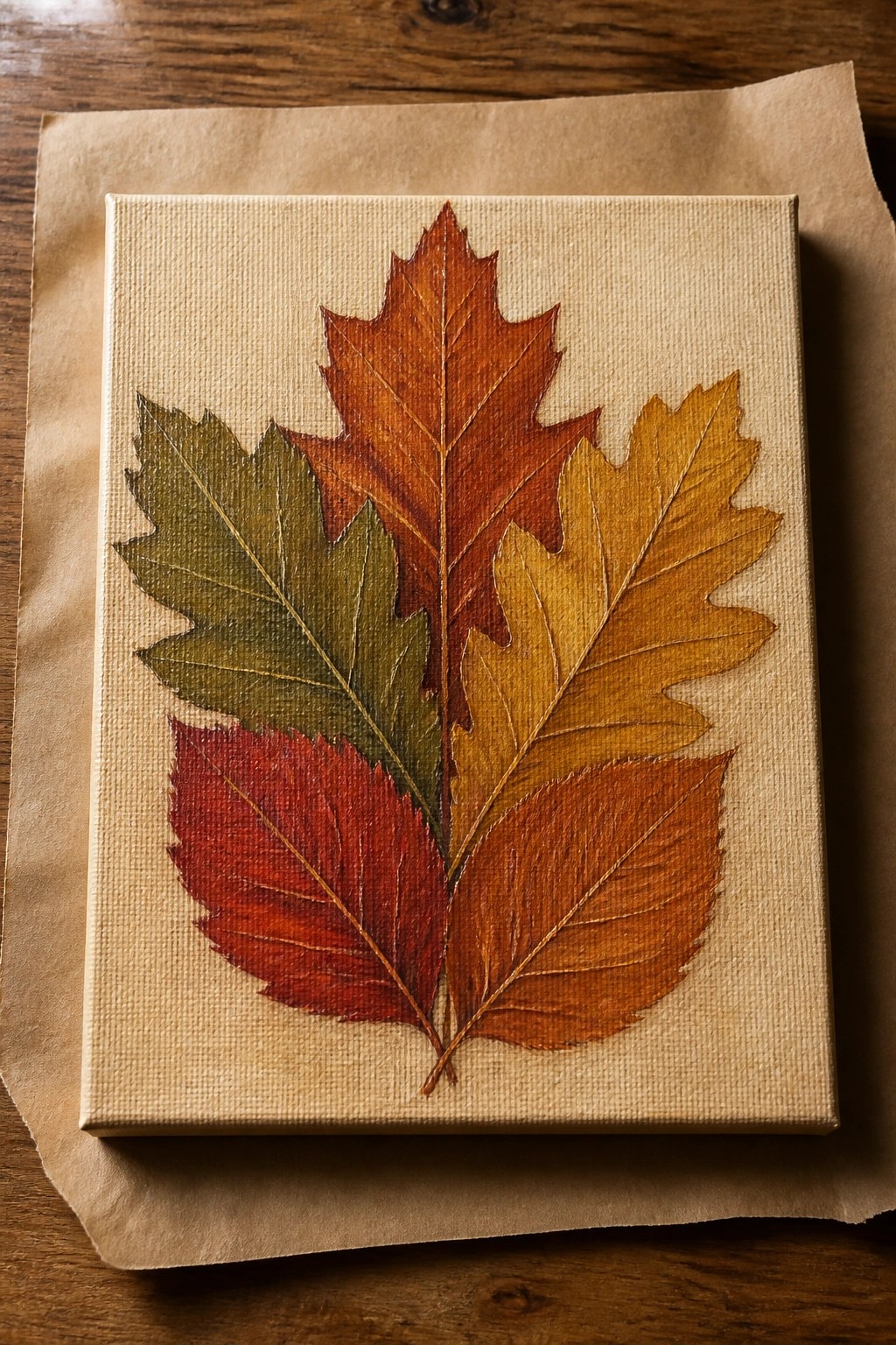 Canvas with overlapping autumn leaves painted in red, green, orange, and yellow on wood.