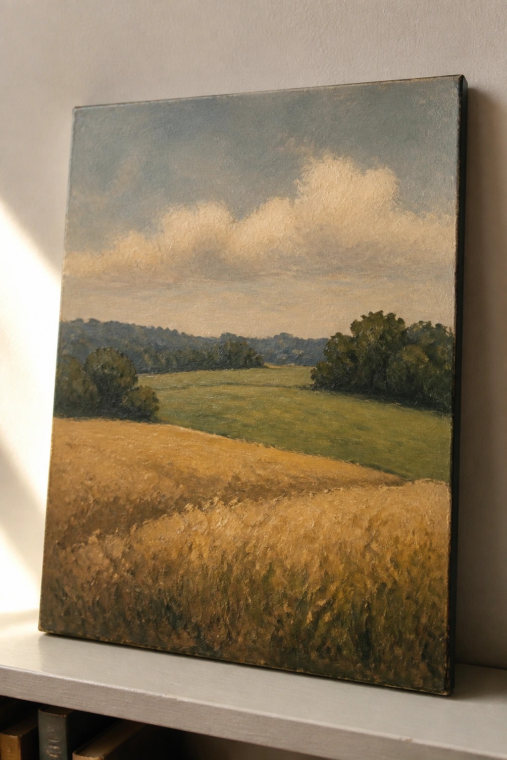 Impressionistic landscape painting of golden field, green meadow, trees, and cloudy sky.