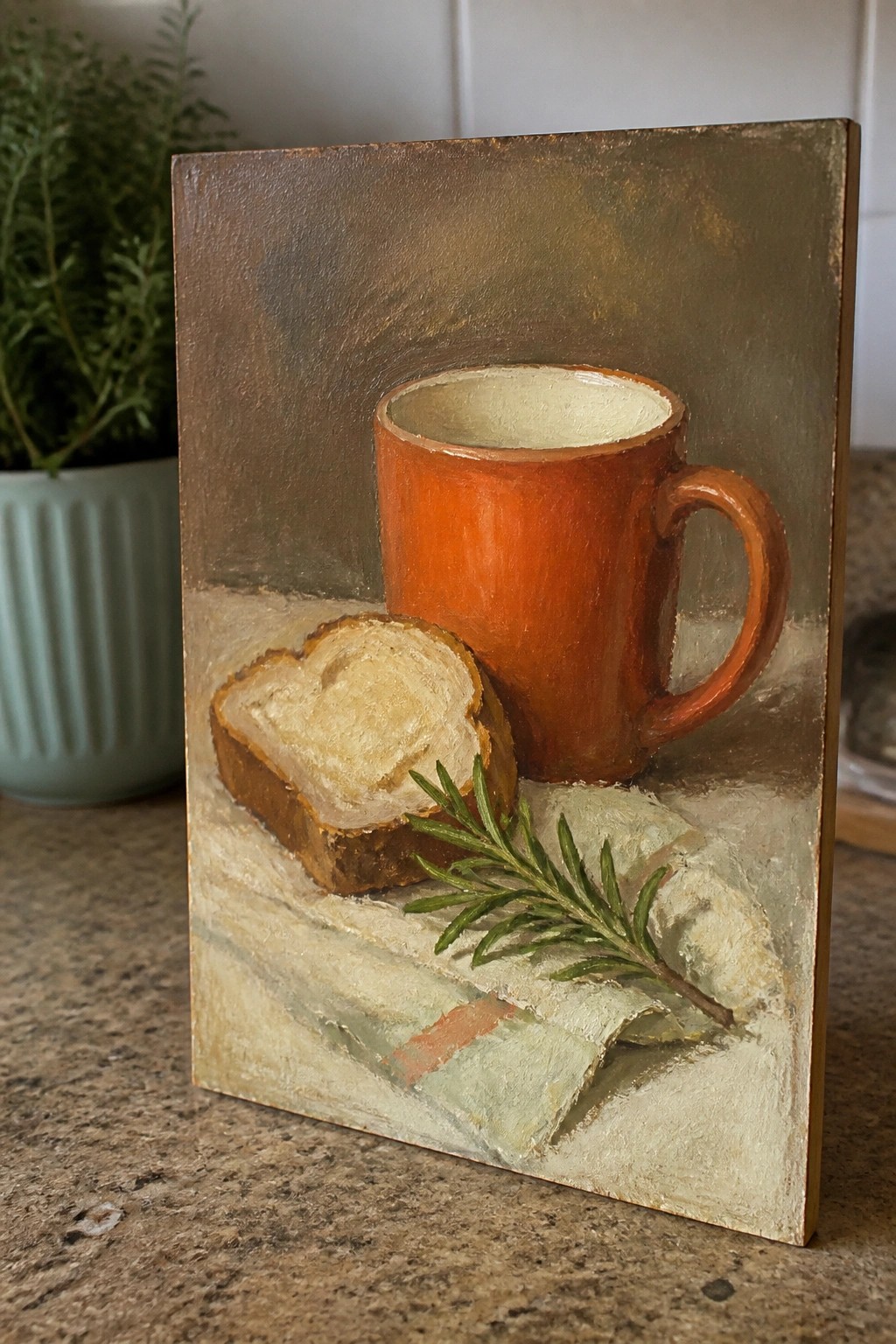Still life painting of orange mug, bread slice, rosemary sprig on cloth