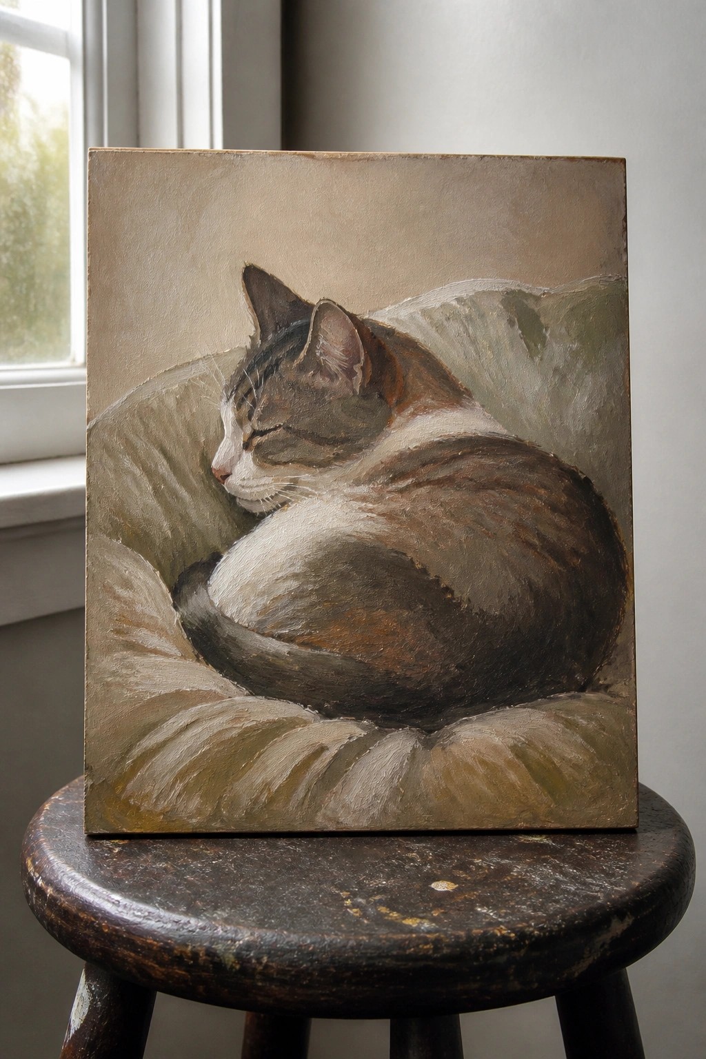 A realistic oil painting of a brown and white cat curled up asleep on a cushion, set on a wooden stool near a window.