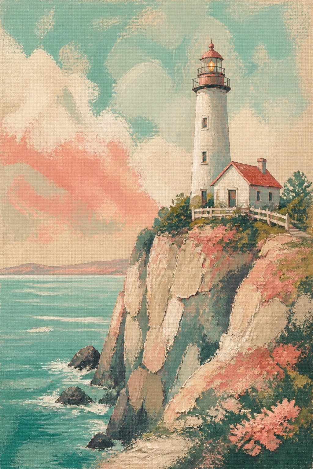 A white lighthouse with red top stands on a rocky cliff above teal waters with a small house nearby and peach clouds in the sky.