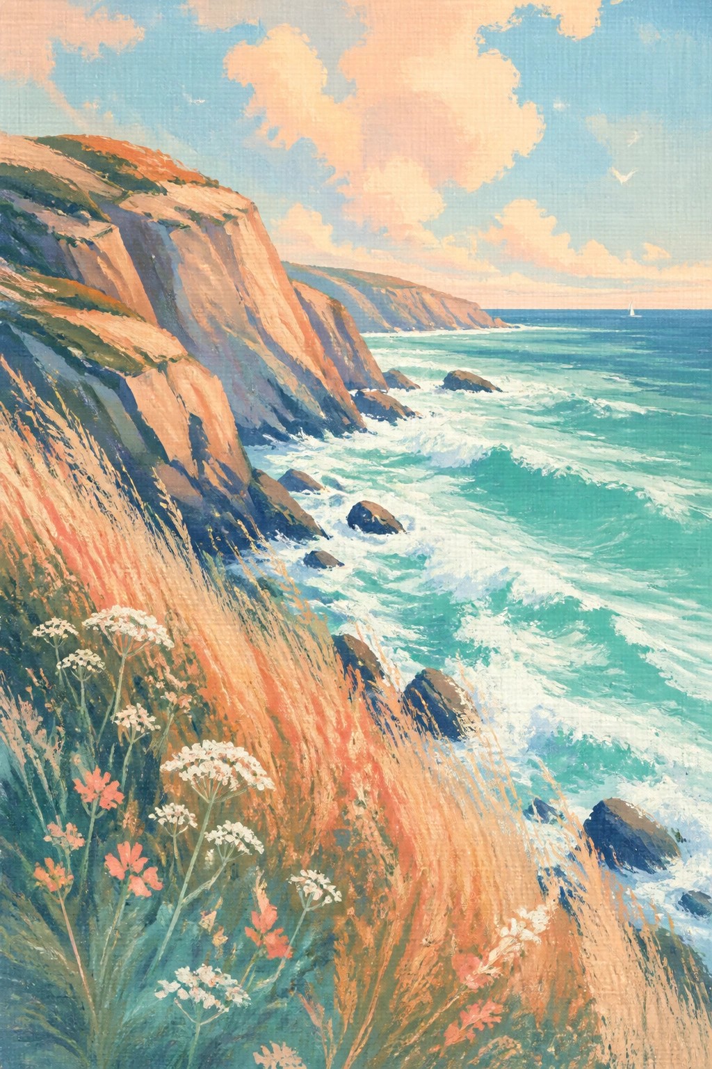A vibrant gouache painting of steep orange cliffs overlooking crashing turquoise waves with wildflowers in the foreground and a sailboat on the horizon under a soft pastel sky.