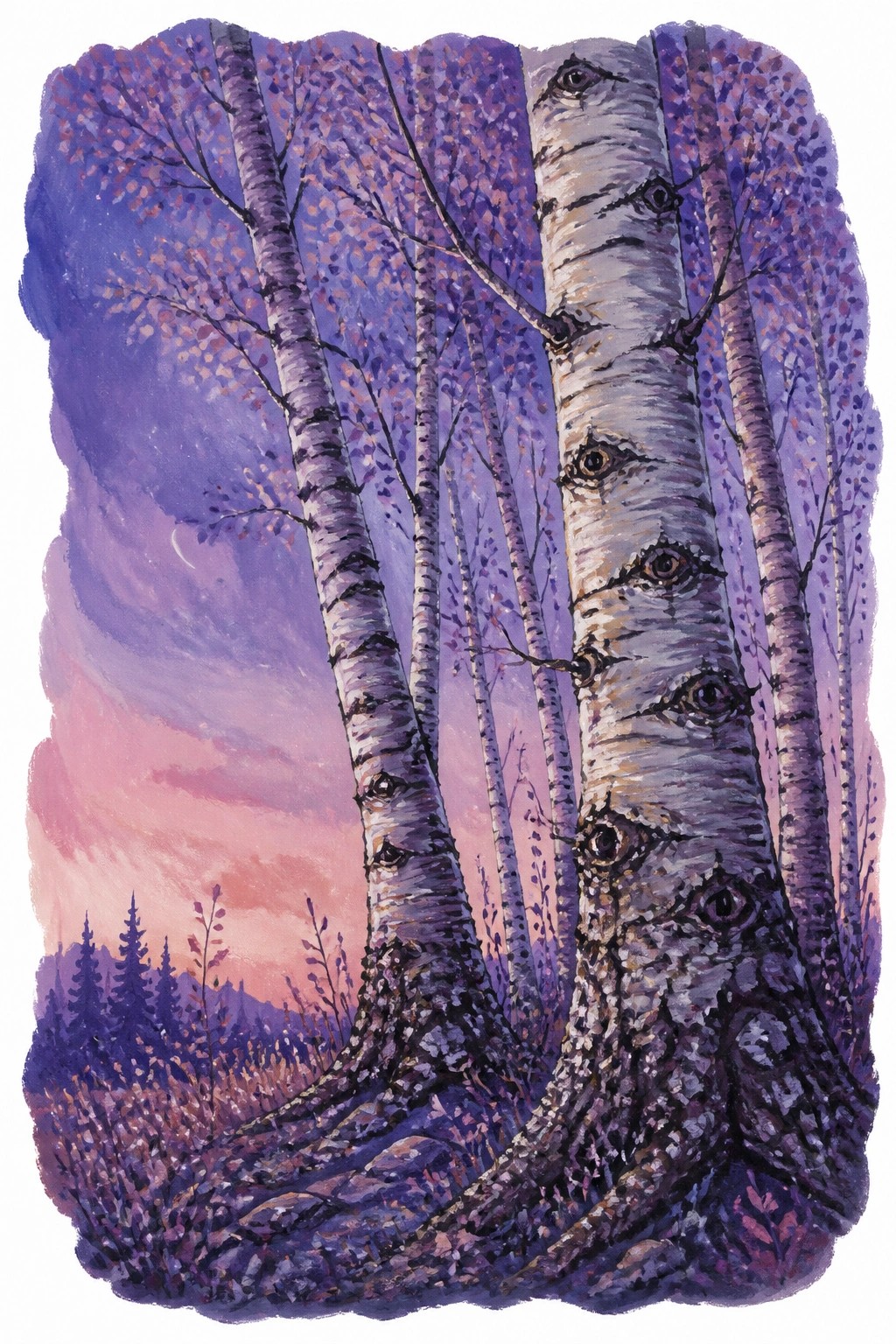 A gouache painting of birch trees with human like eyes on their trunks in a purple and pink twilight forest with a crescent moon in the sky.