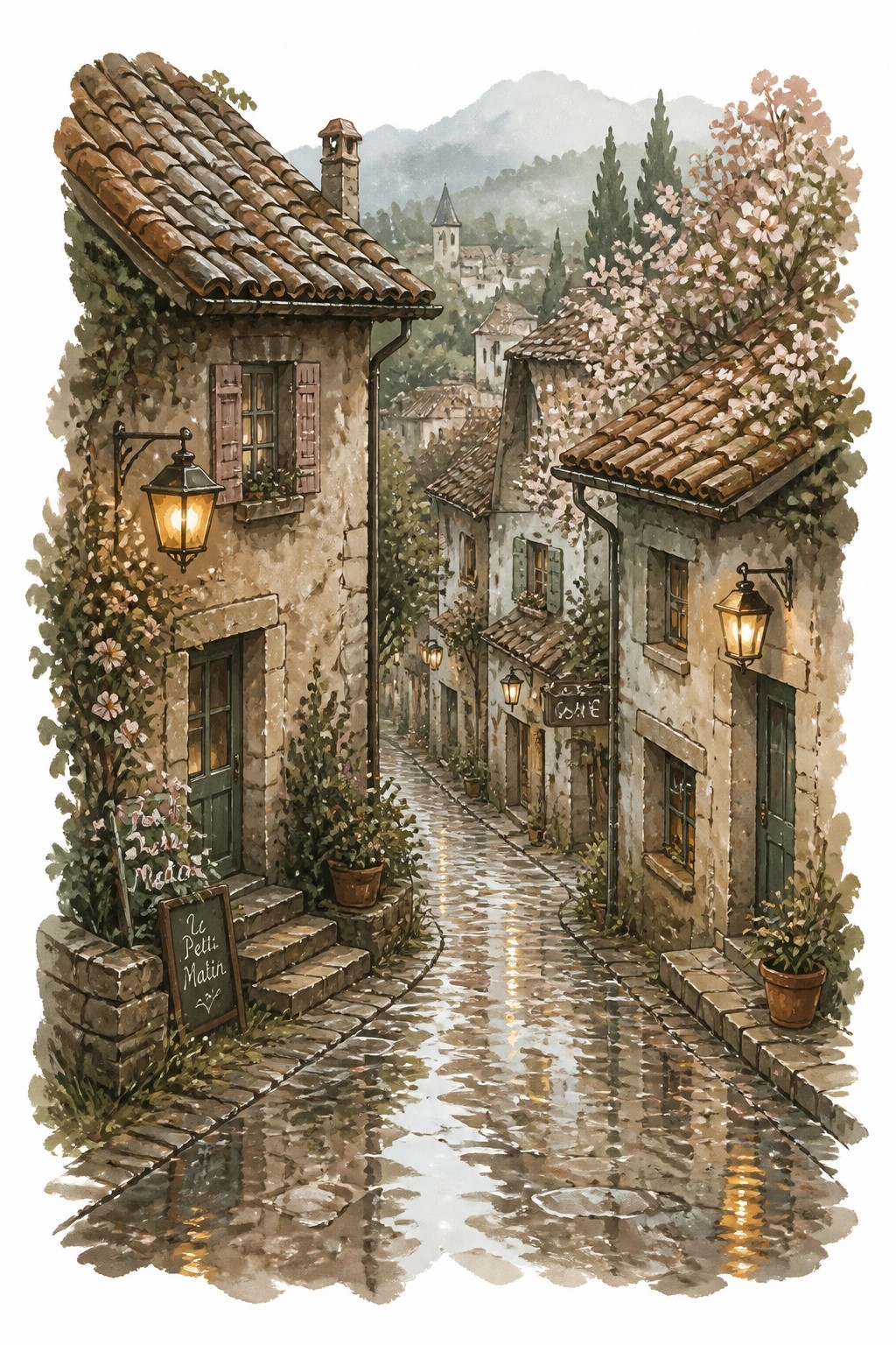 A gouache painting of a rainy village alley with glowing lanterns reflecting on wet cobblestones, stone houses with flowers, and misty mountains in the background.
