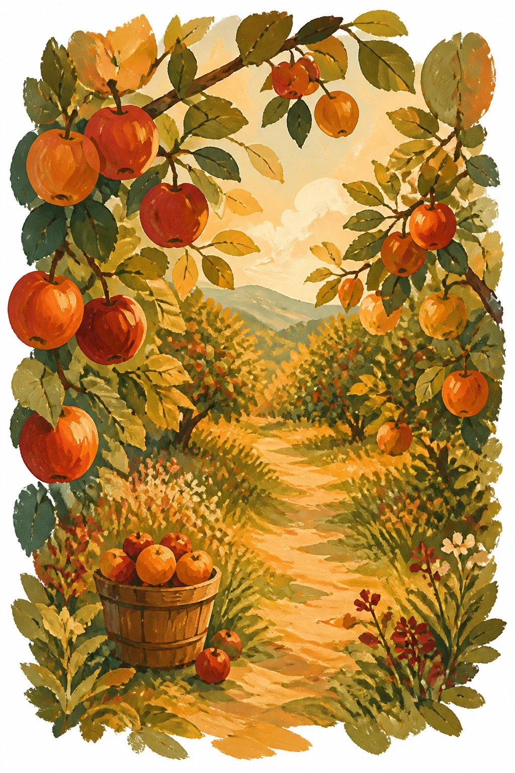 Gouache painting of an apple orchard path with hanging red and orange fruit a foreground basket and soft storybook colors under a golden sky.