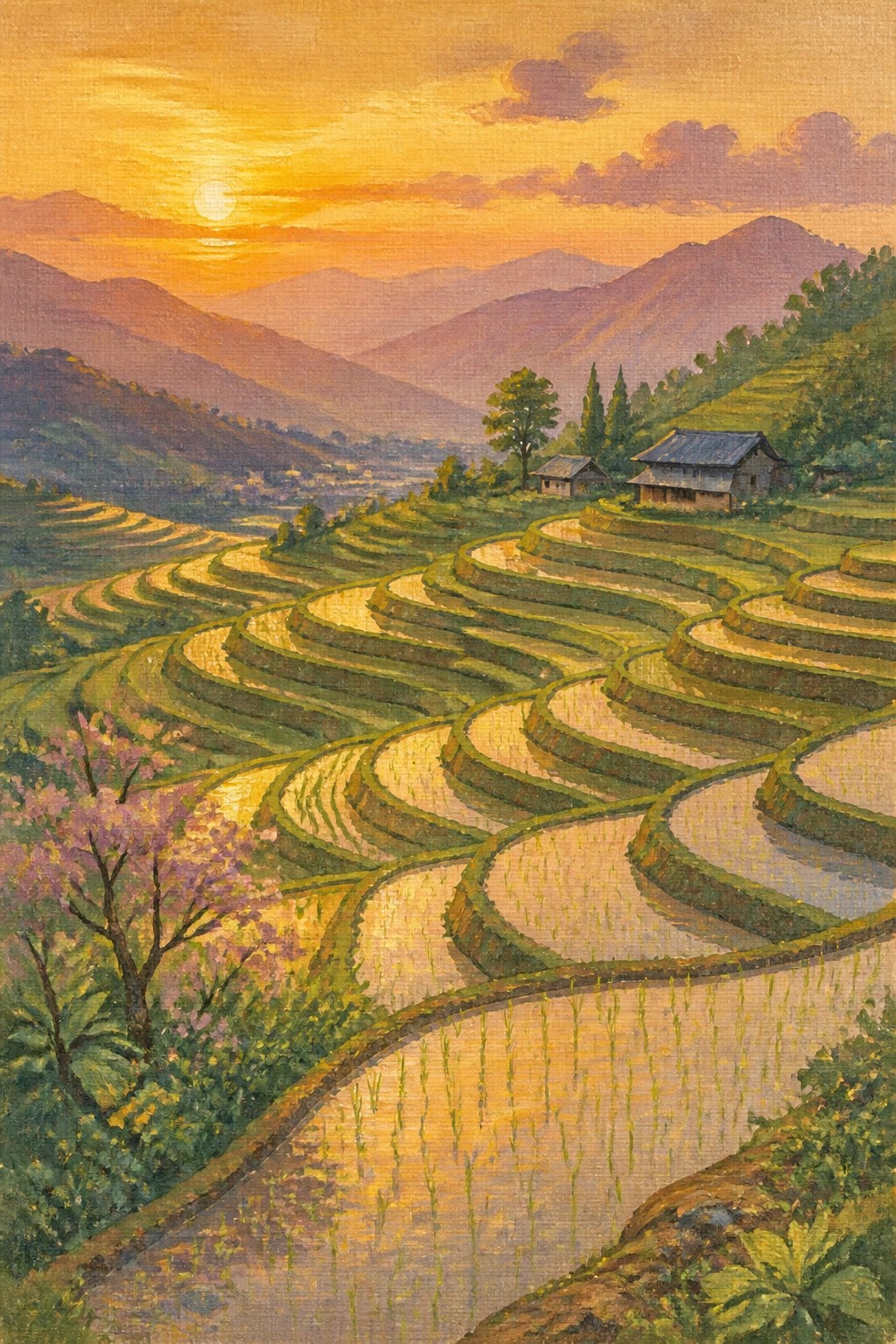 A gouache painting of sunlit rice terraces winding down hills at sunset with mountains houses and pink blossoms in the foreground