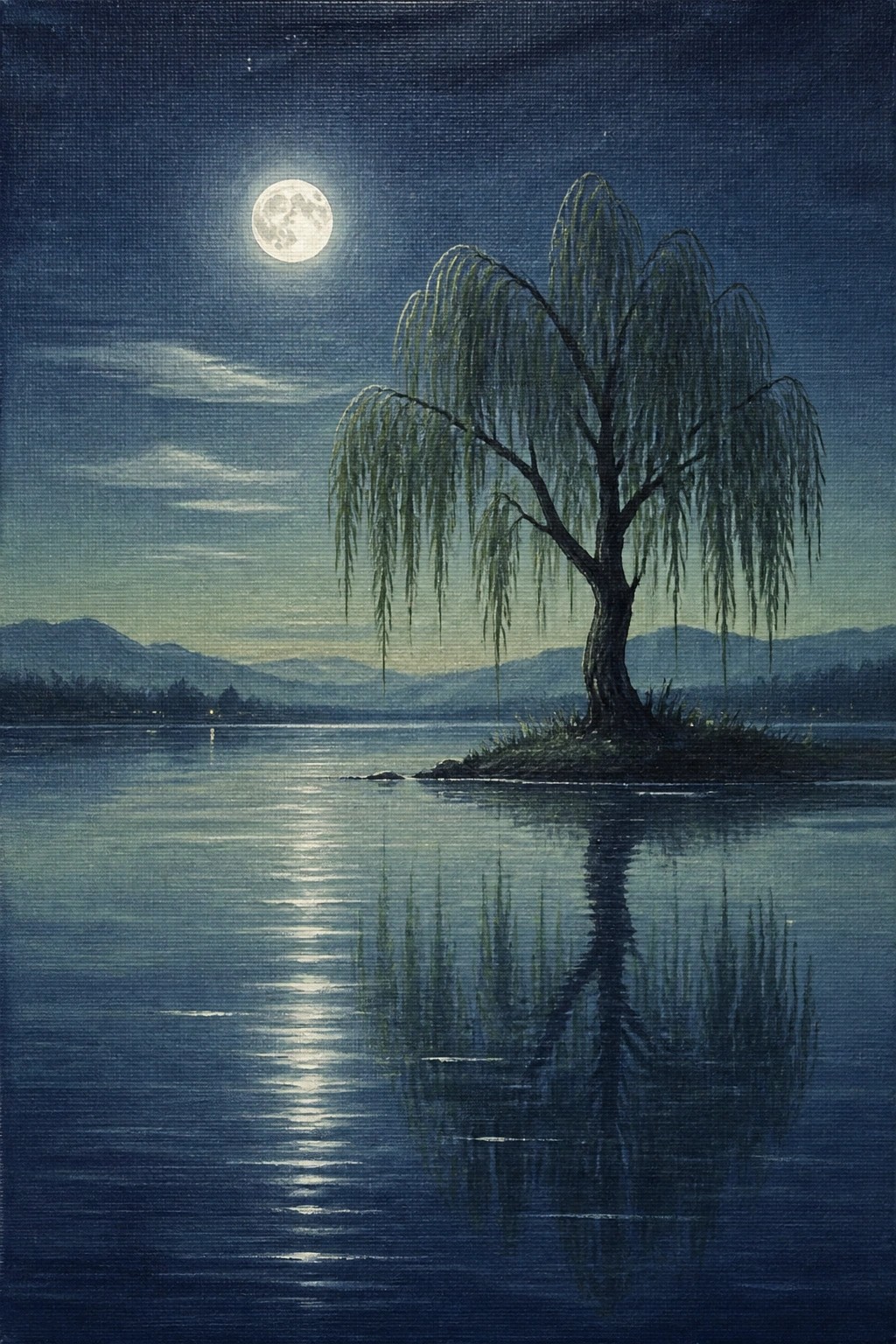 A gouache landscape of a weeping willow tree on a small island in a moonlit lake with its reflection in the water and distant mountains under a starry sky.