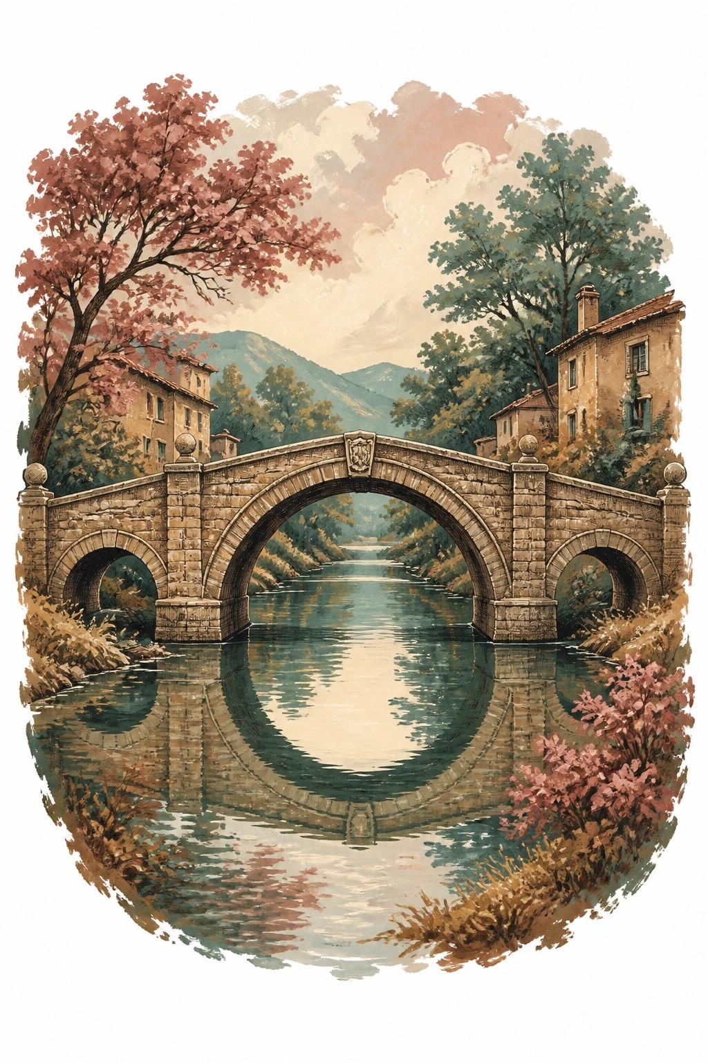 Gouache landscape of a stone arch bridge over a reflective river with rustic houses pink foliaged trees and distant mountains in soft storybook colors.