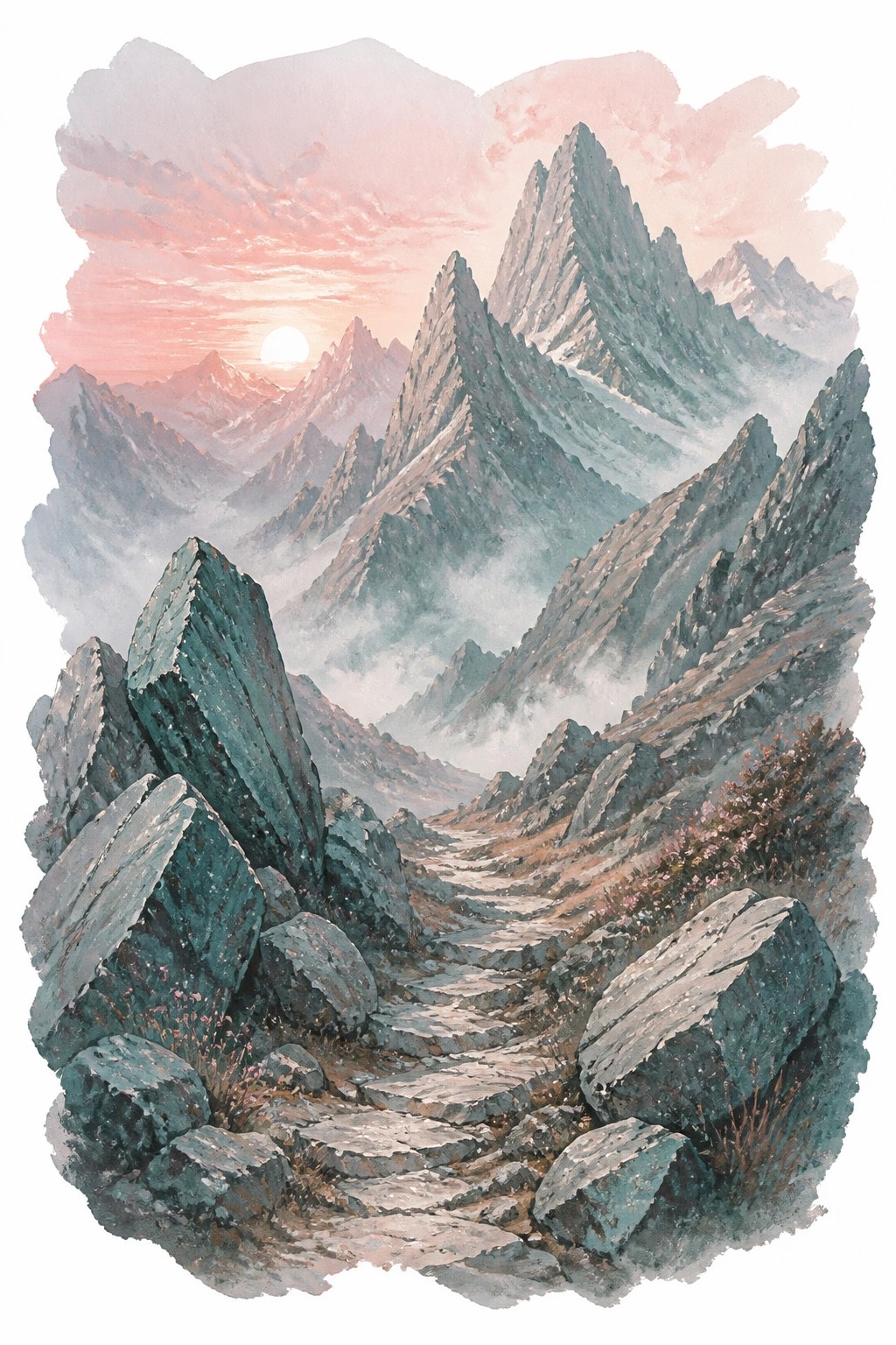 A gouache landscape of a stone path winding through teal and gray rocky mountains under a pink sunset sky with mist in the valleys and small flowers on the boulders.