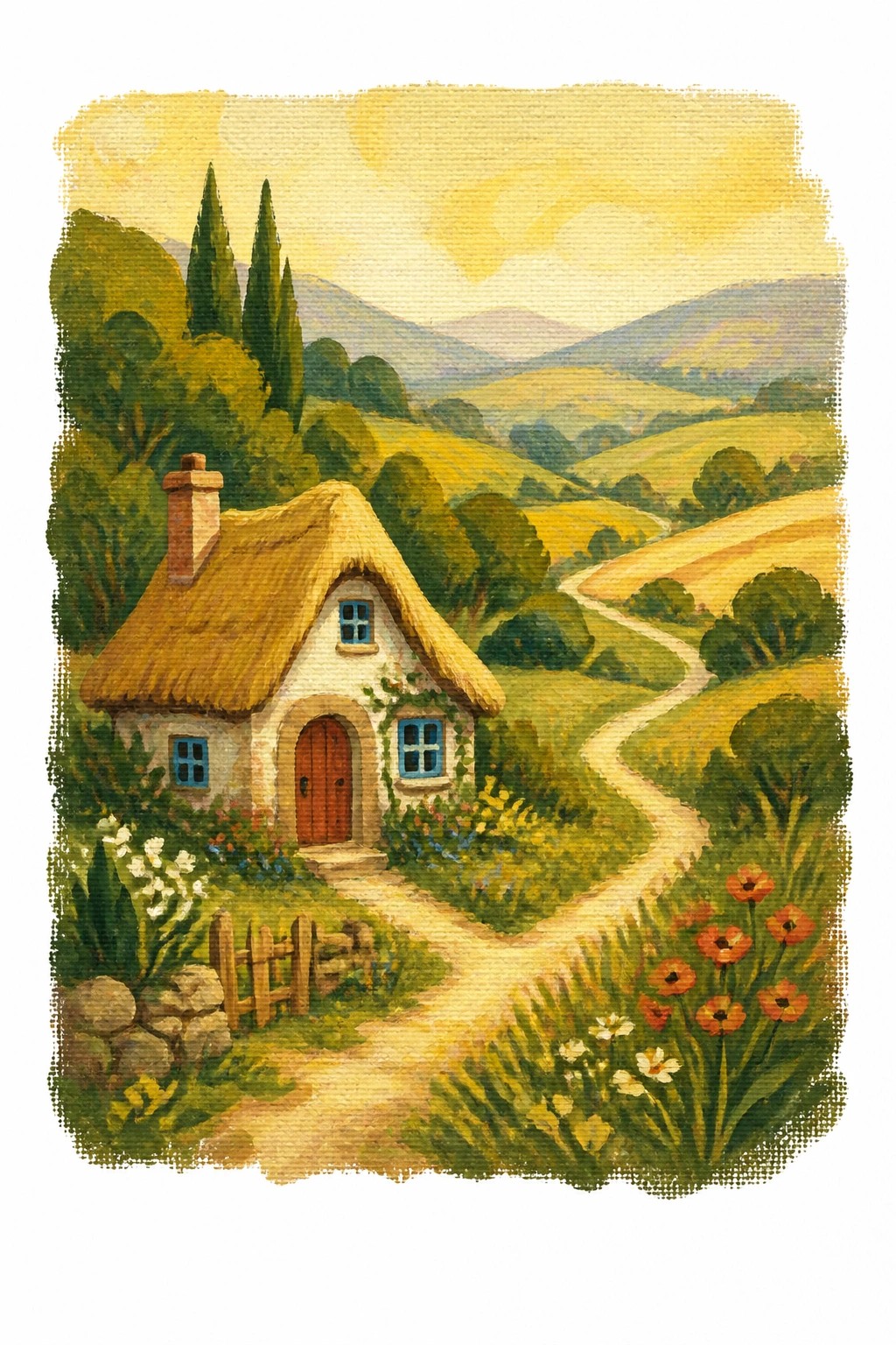 A gouache painting of a white thatched cottage with a red door and blue windows sits amid green hills with a winding dirt path yellow fields and colorful flowers under a soft golden sky.