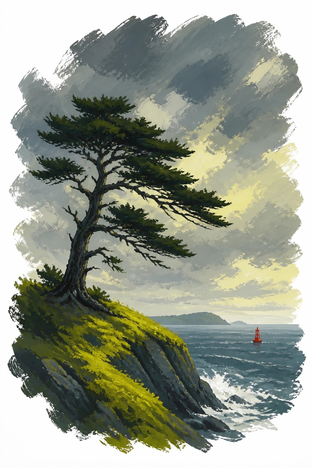 A windswept green pine tree leans over a rocky cliff above the ocean with a red buoy in the waves and dramatic gray yellow clouds overhead in gouache style.