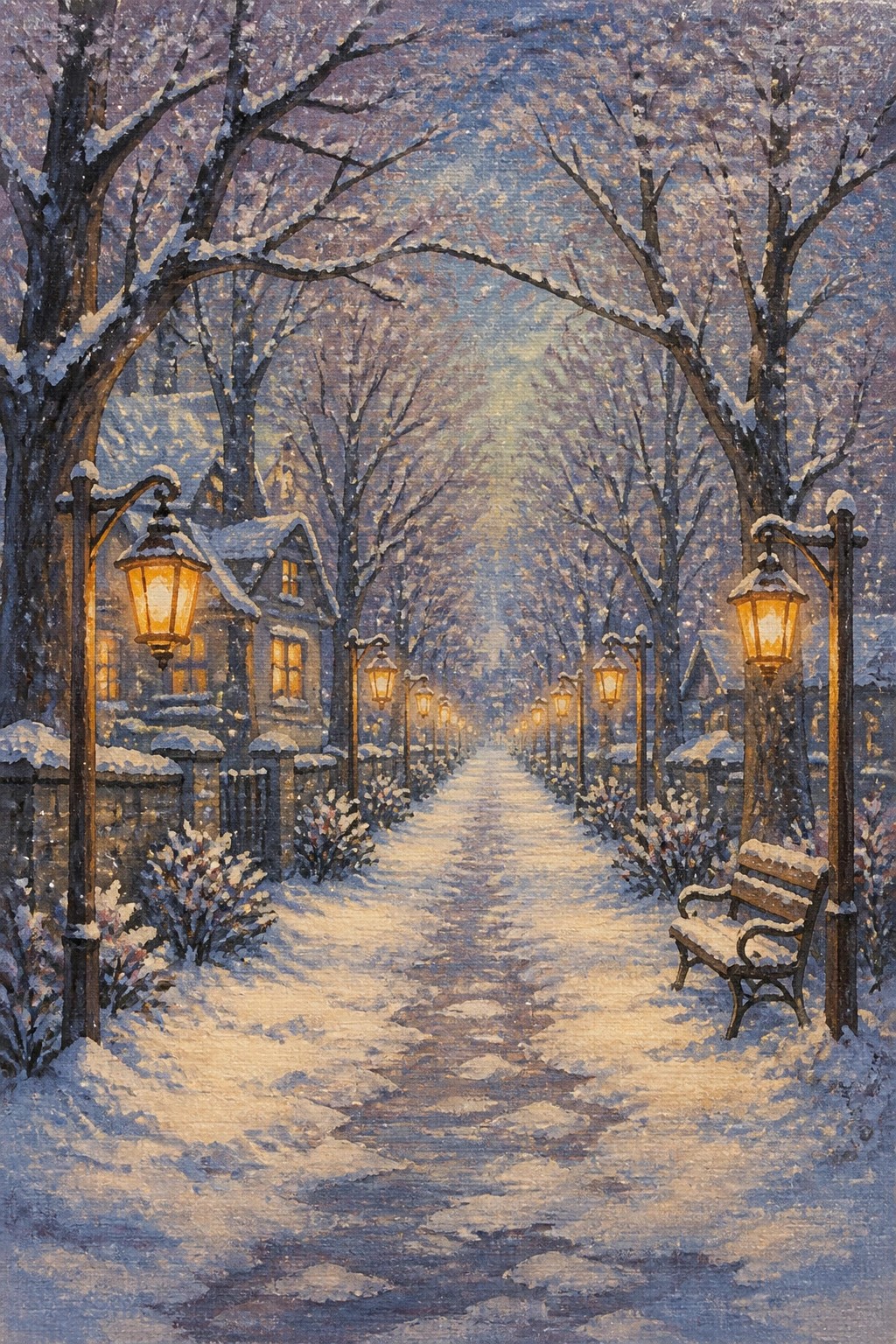 A gouache painting of a snow covered path lined with glowing lanterns and bare trees with a bench on the right side in soft evening light