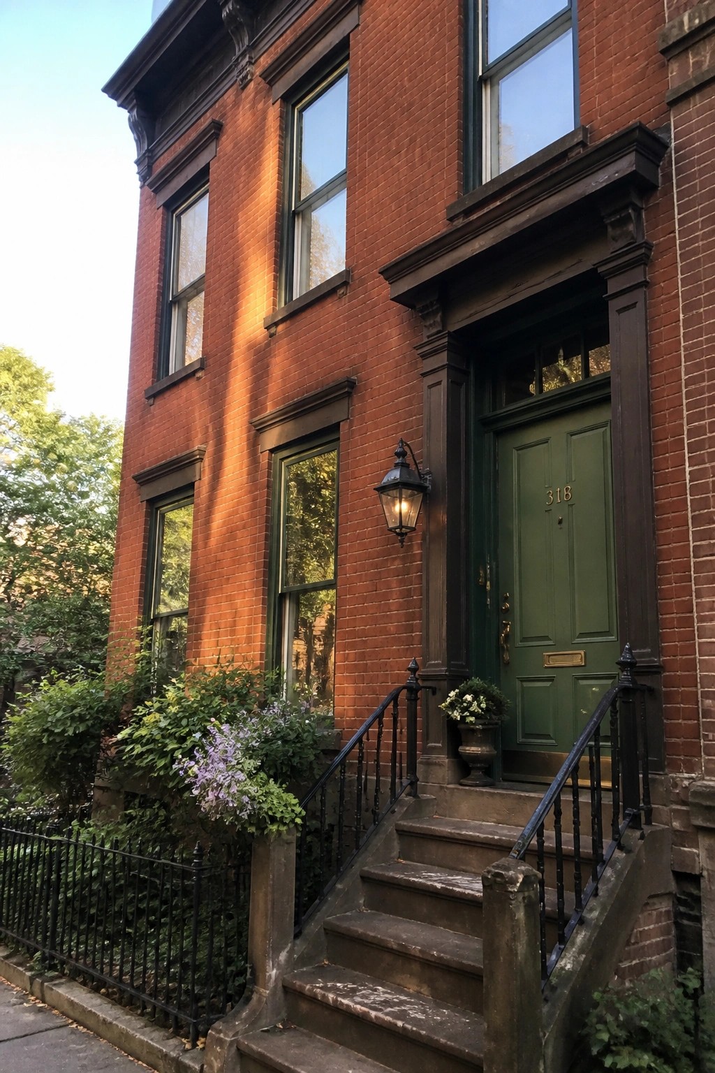 A deep green front door on a red brick house with stone steps and black railings.