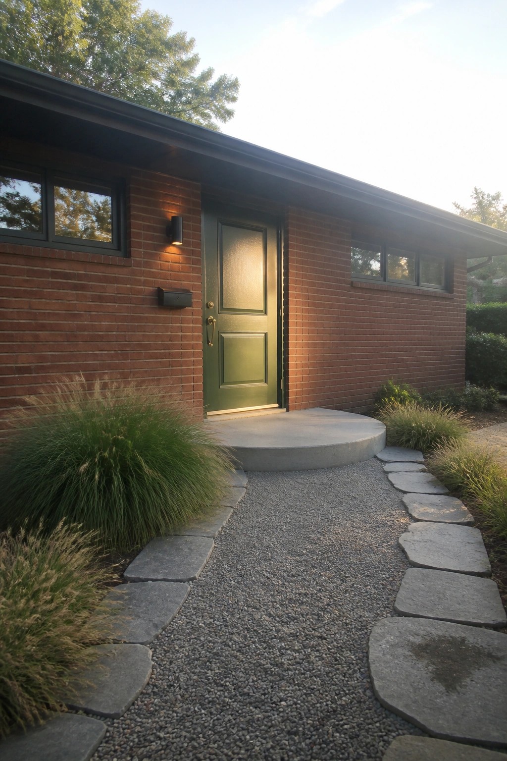 Red brick house with green door, gravel path, and stone stepping stones amid plants