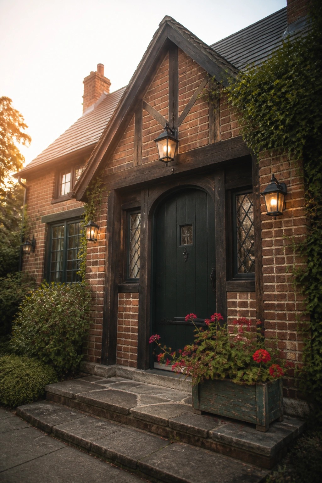 A deep green front door on a brick house with stone steps and potted flowers.