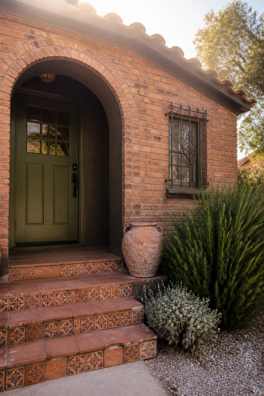 A deep green front door set in a red brick archway.