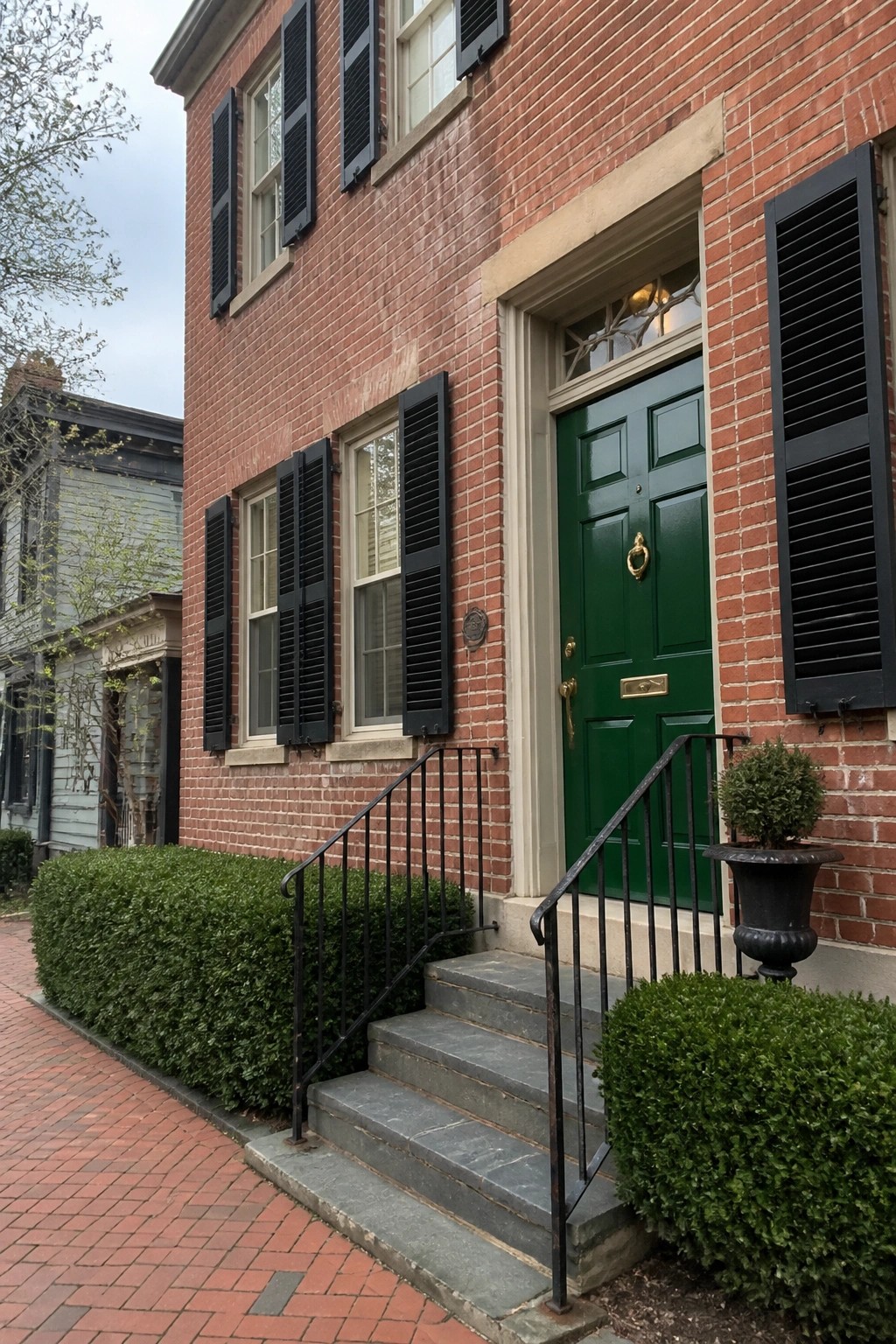 Red brick townhouse with green door, black shutters, and stone steps.