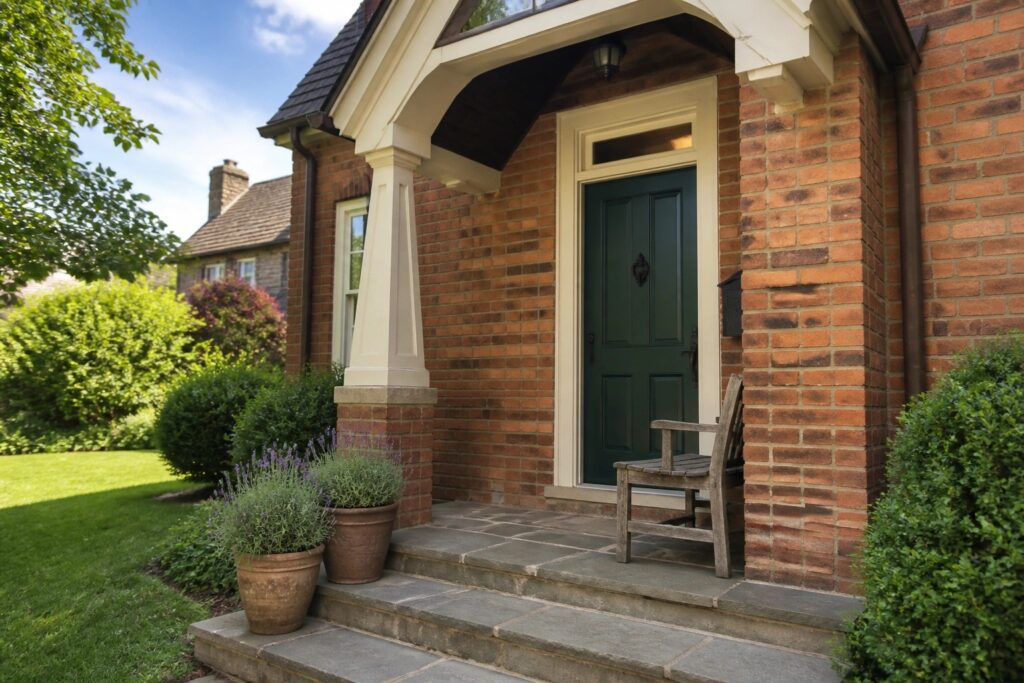 Red brick house with green door, stone steps, potted lavender, and wooden bench