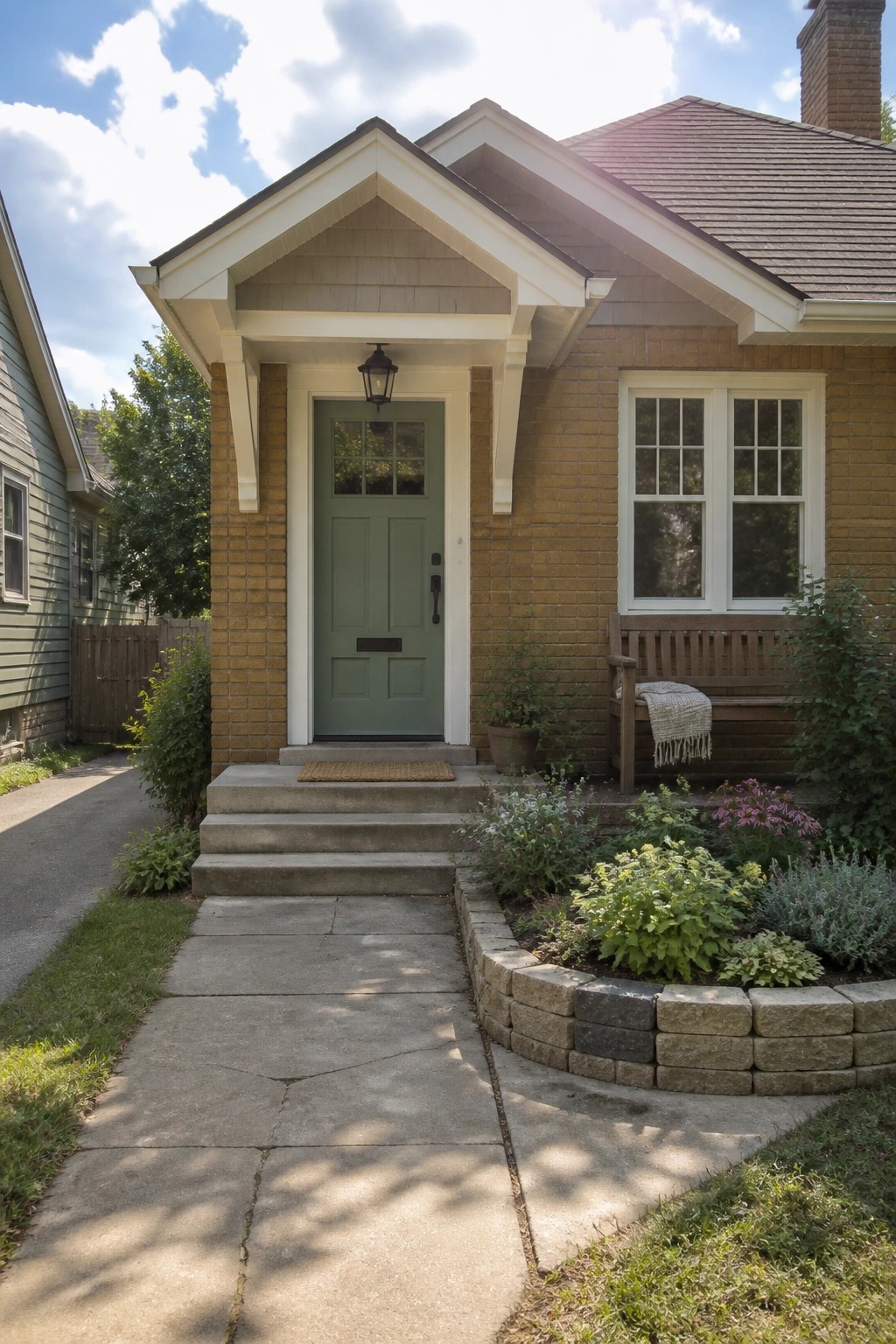 A muted sage green front door on a brick house with white trim.