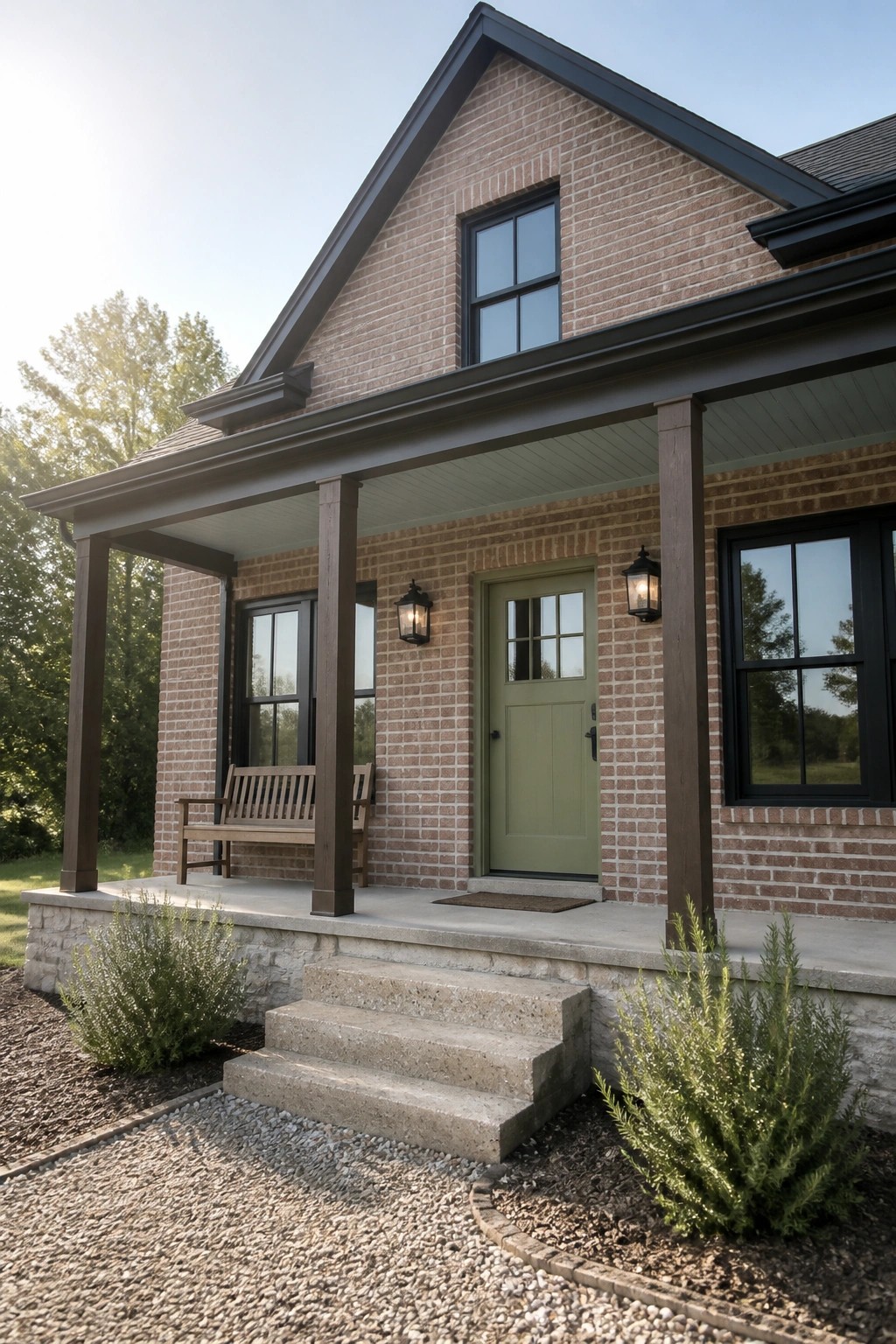 Brick house with green door, porch bench, columns, and concrete steps amid shrubs
