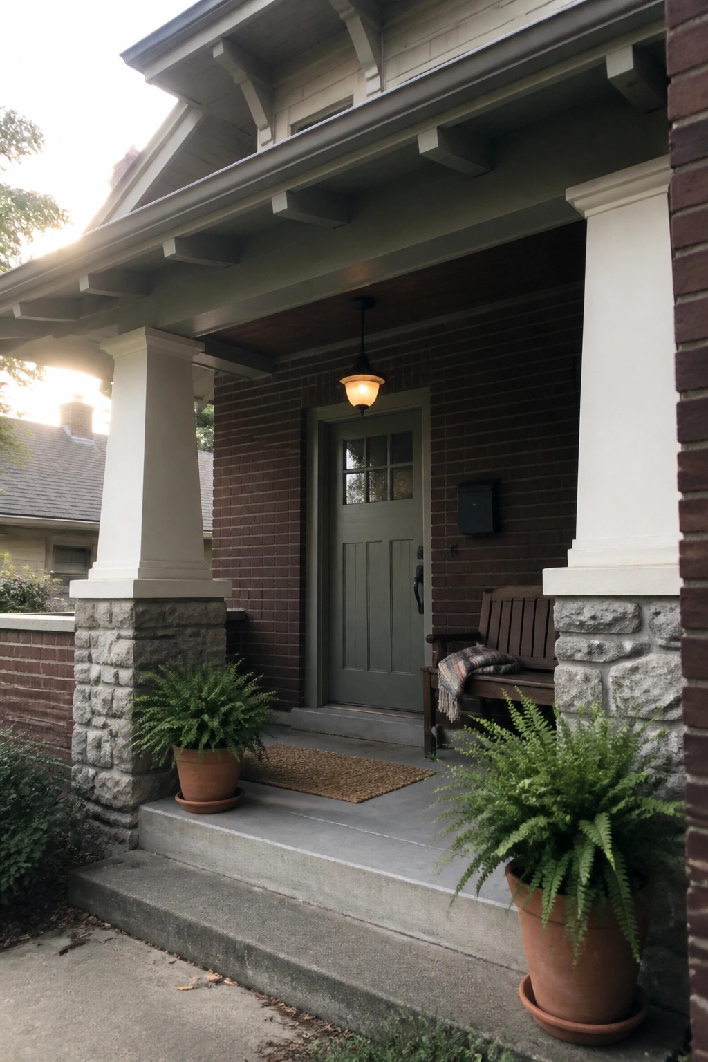 Brick house porch with green door, potted ferns, wooden bench, and hanging light.