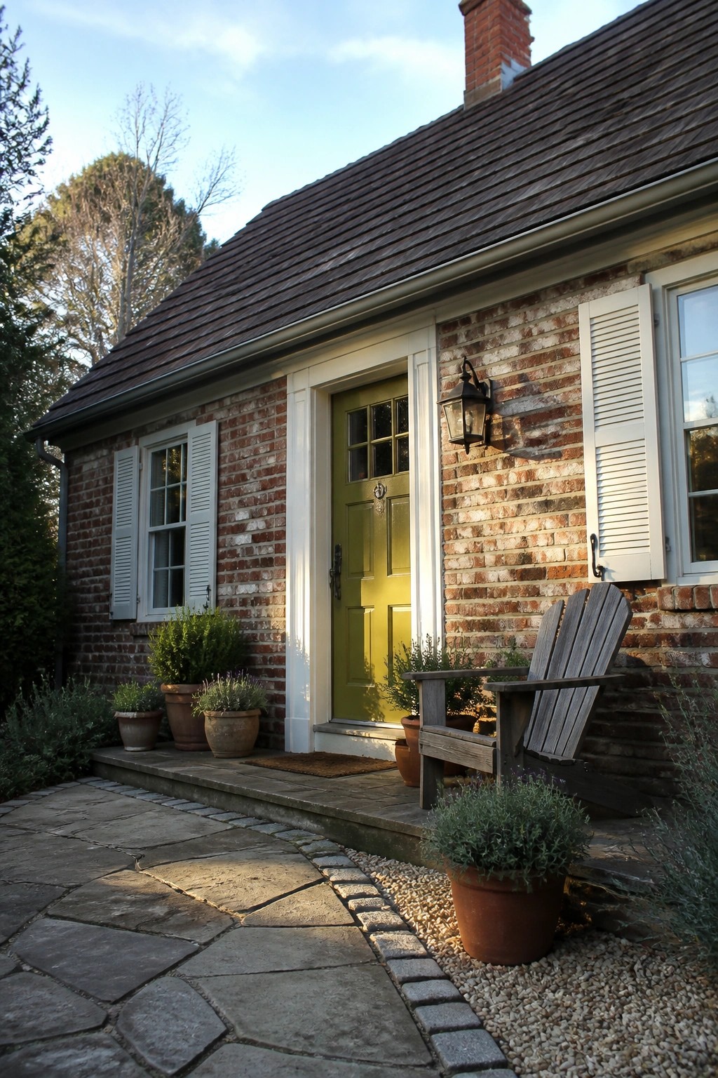 A yellow green front door on a red brick house.