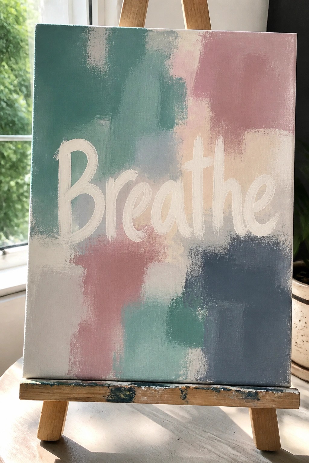Abstract canvas on wooden easel with multicolored brushstrokes and white