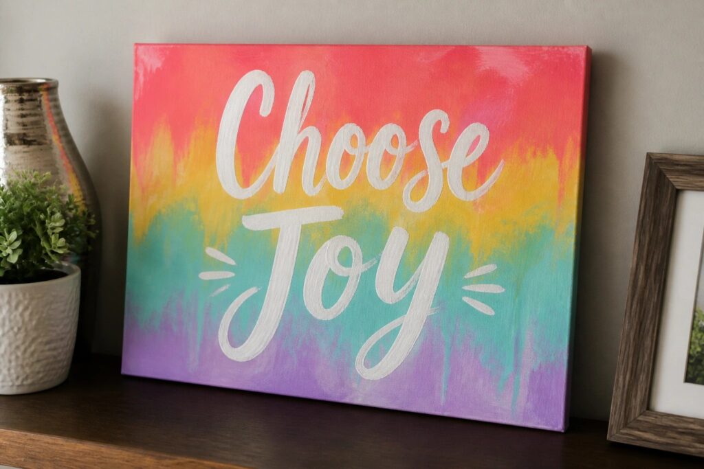 18 Colorful Quote Canvas Painting Ideas for Positive Room Decor Vibrant rainbow gradient canvas with "Choose Joy" in white script beside plant and candle