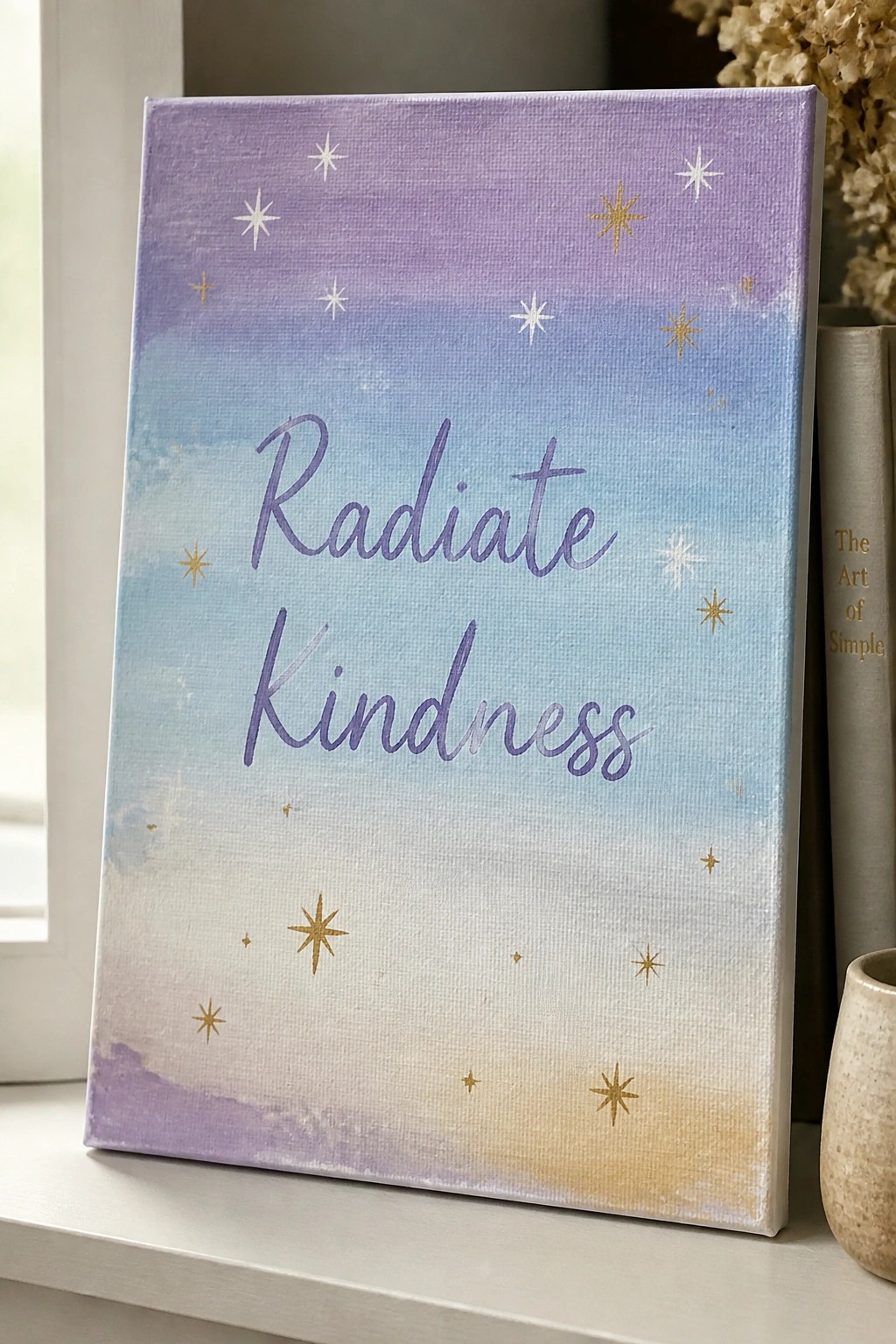 Canvas with purple-blue gradient, gold-white stars, and