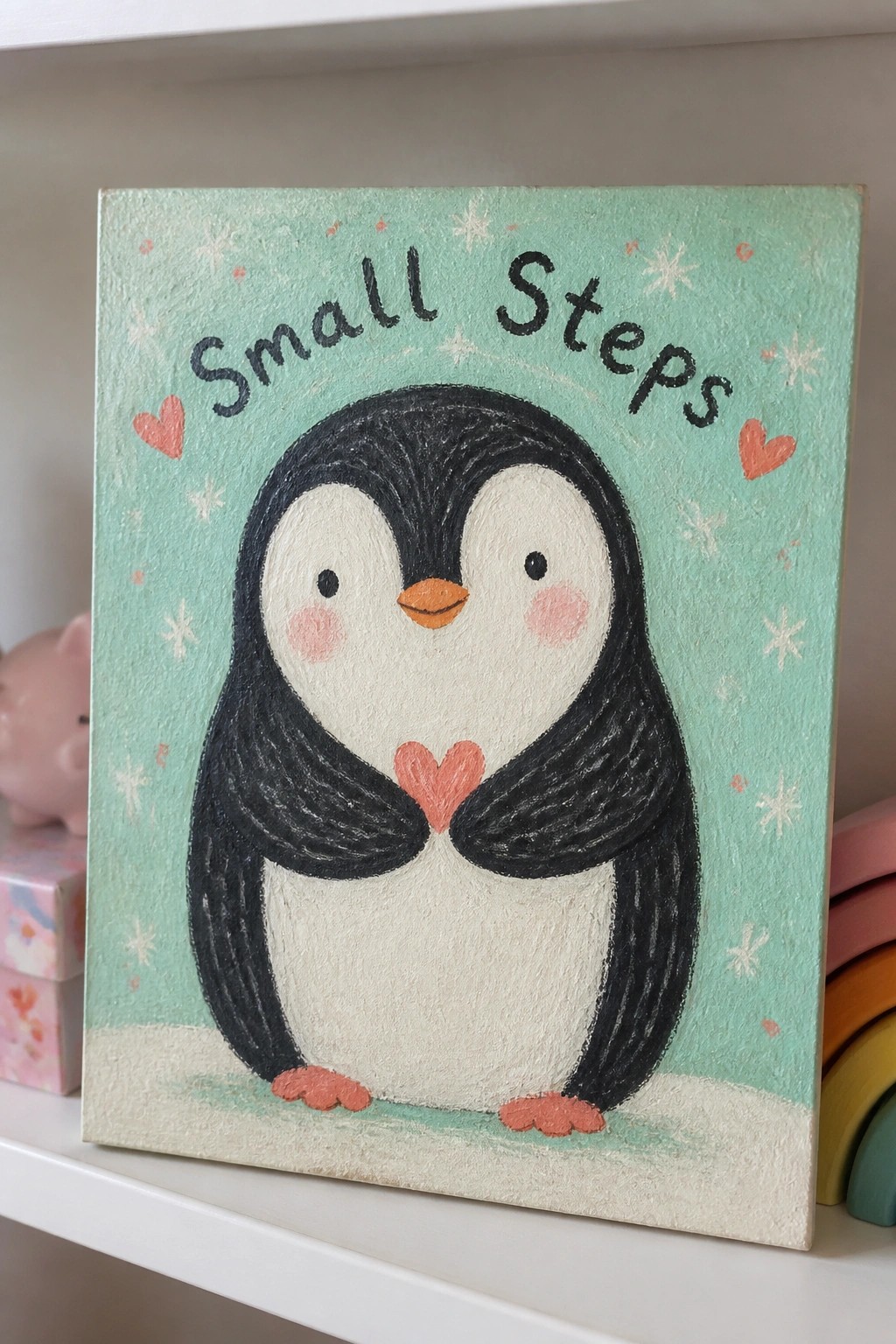 Cute cartoon penguin holding pink heart on mint-green canvas with