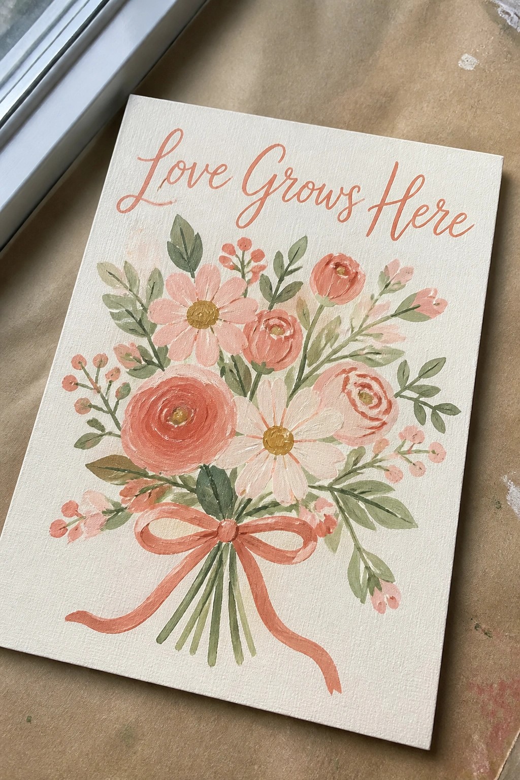 Pink floral bouquet painting with ribbon bow and
