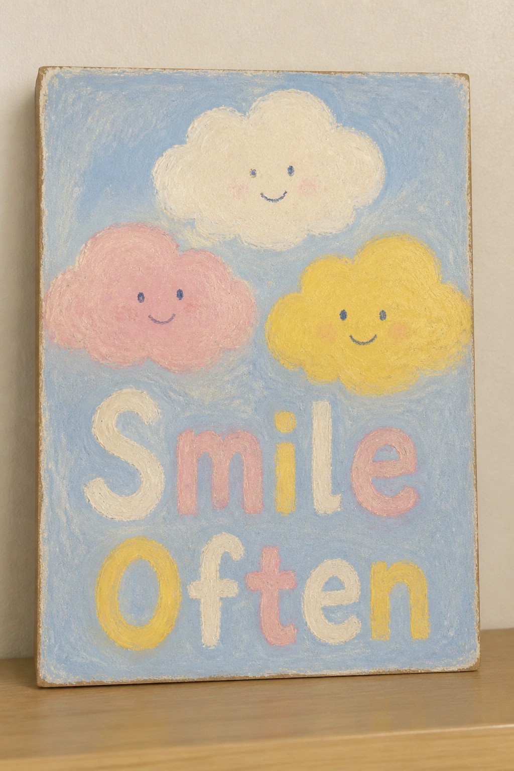 Pastel painting of three smiling clouds above colorful