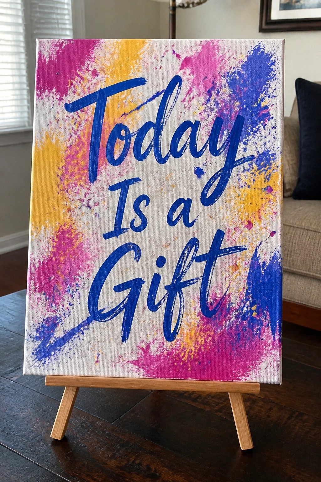 Colorful abstract canvas with blue cursive text