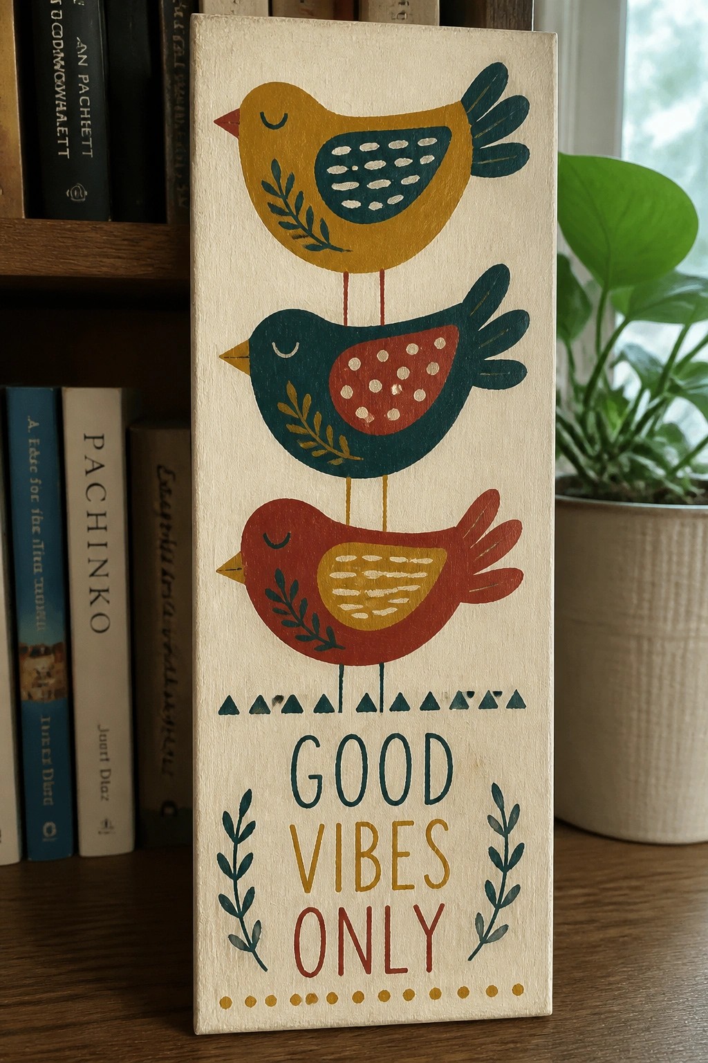 Vertical wooden sign with three stacked colorful birds above