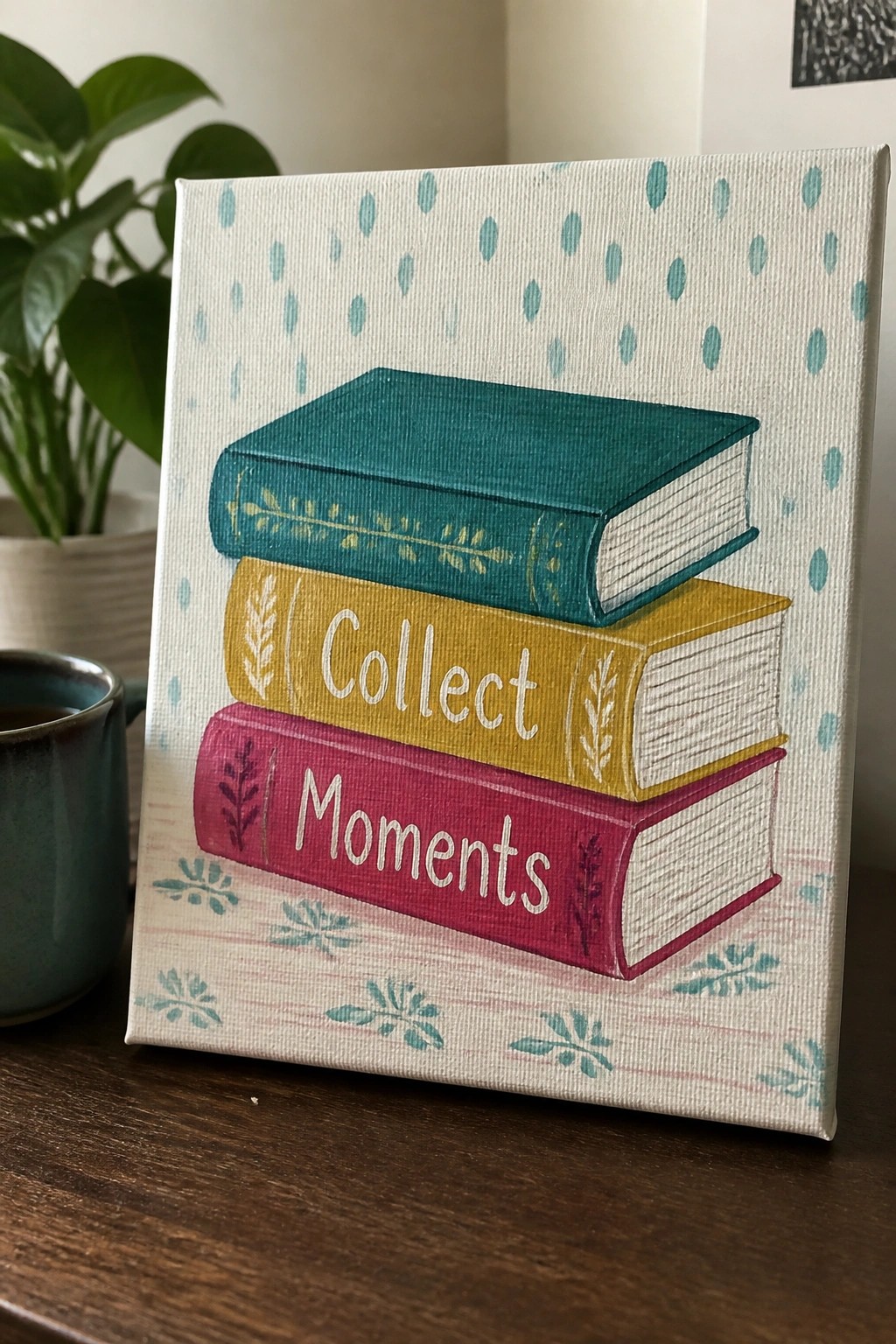 A canvas painting of three stacked books with