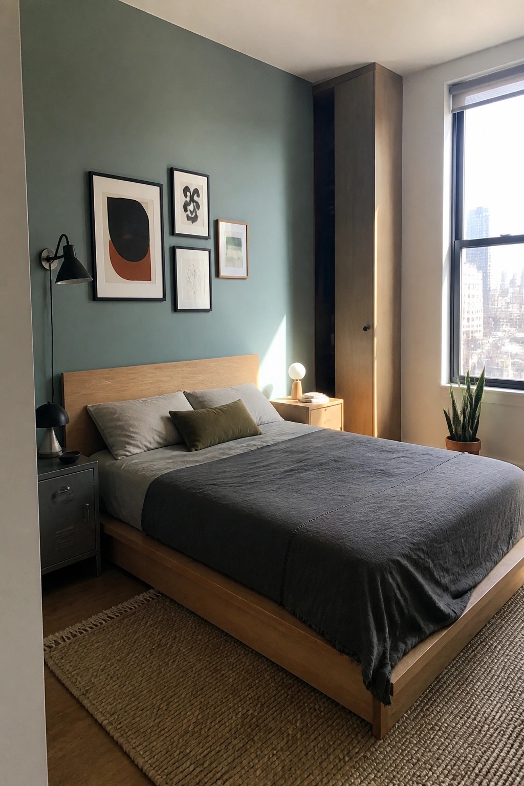 A muted teal-green bedroom wall next to light wood furniture and a large window.