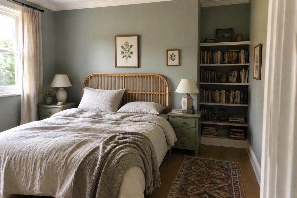Cozy bedroom with rattan headboard bed, sage walls, nightstands, bookshelf, and patterned rug.