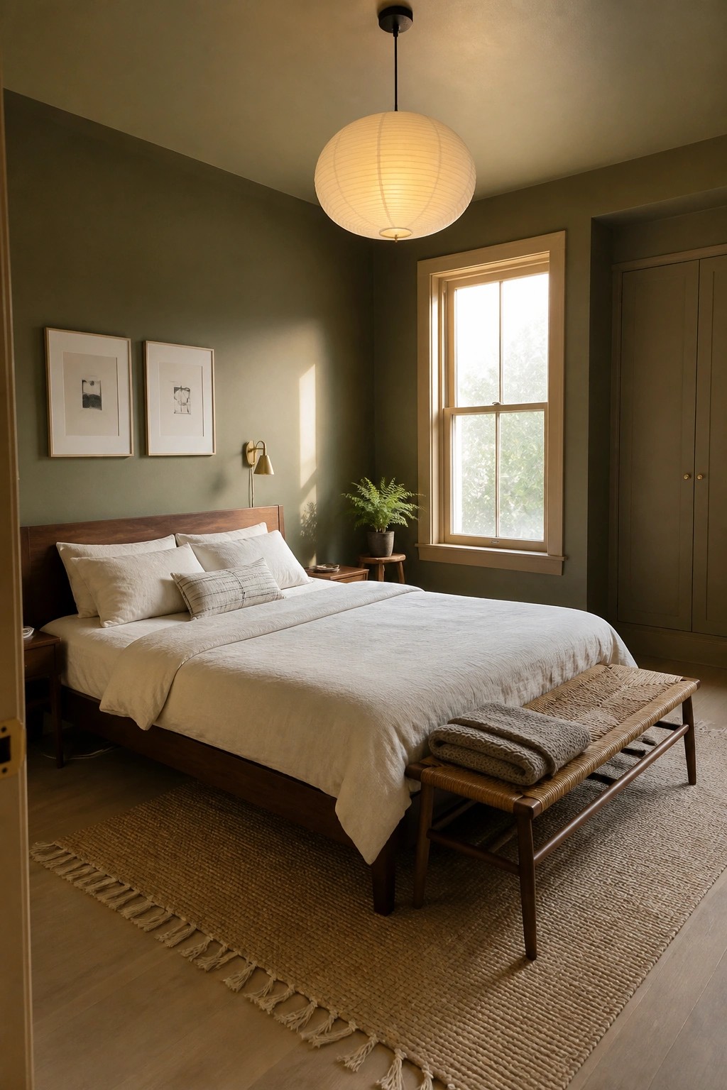 Olive green walls in a bedroom with dark wood furniture and a large window.