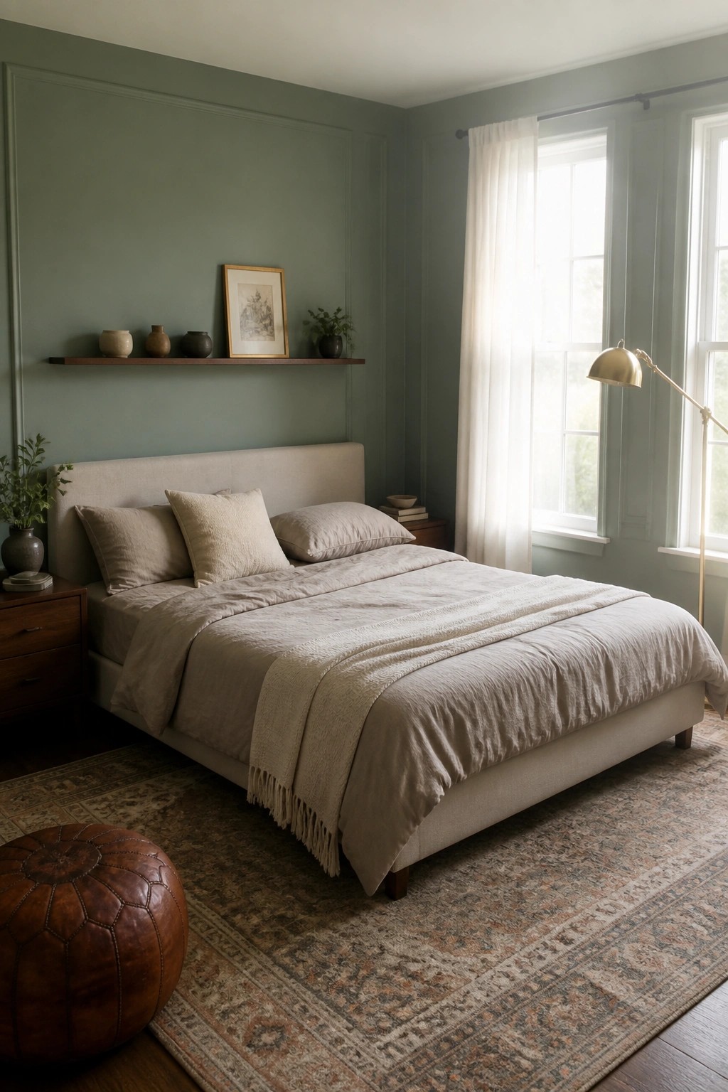 Bedroom with sage green walls, beige linen bed, brown leather pouf, and patterned rug.