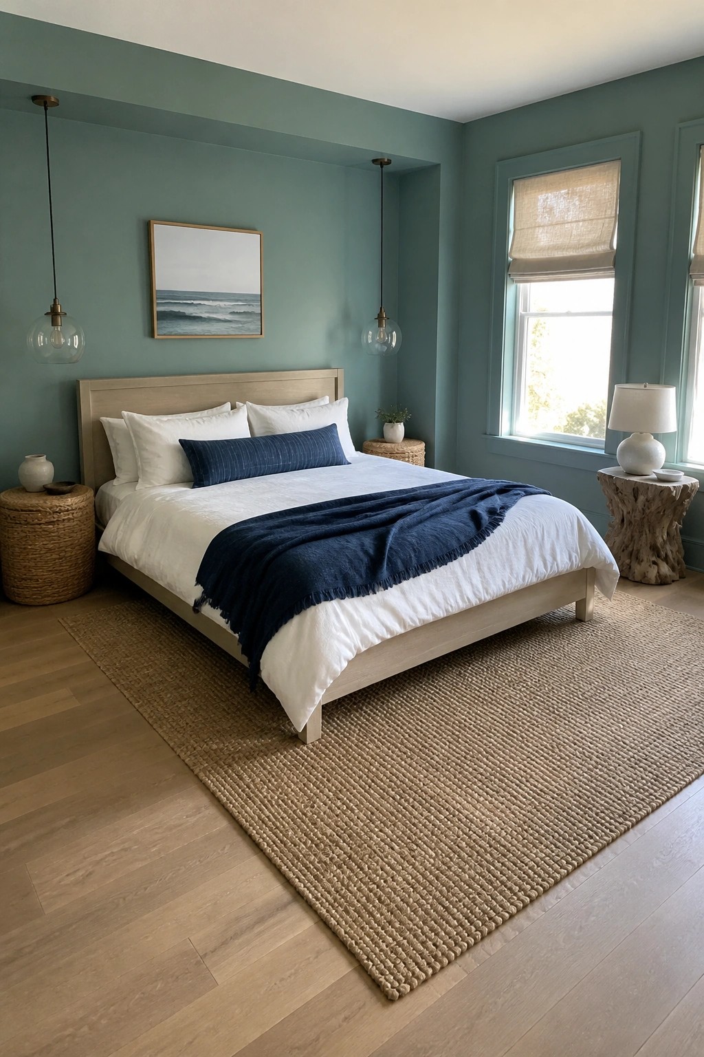 Serene bedroom with teal walls, light wood bed, white linens, navy throw, and jute rug.