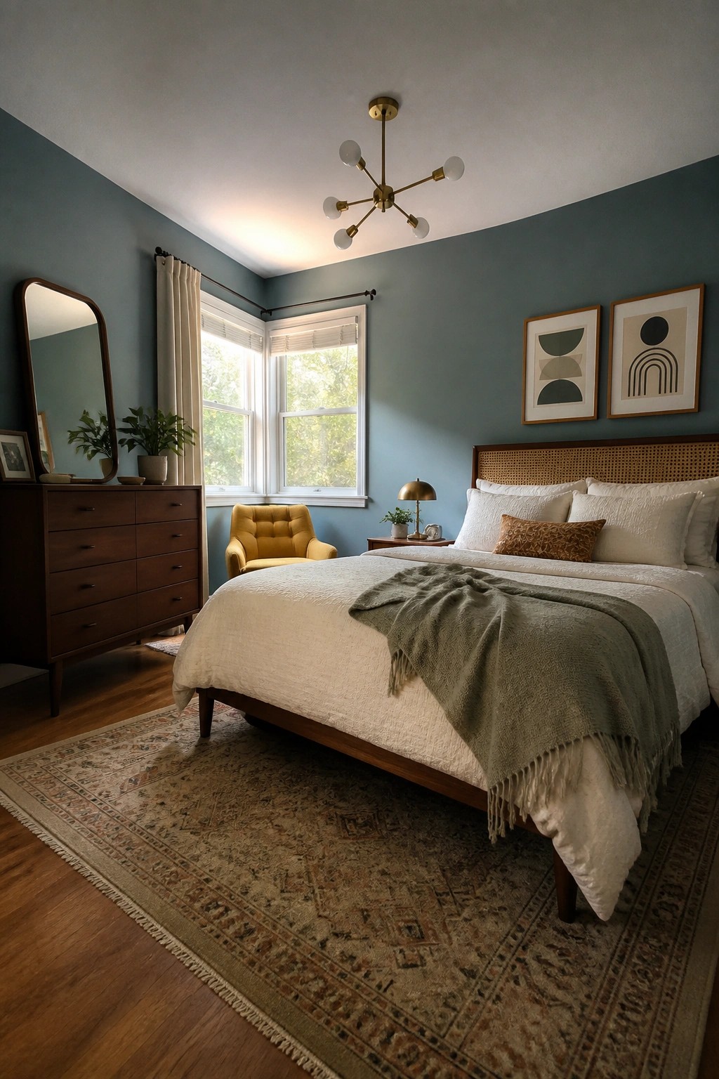 A bedroom with blue-green walls and dark wood furniture.