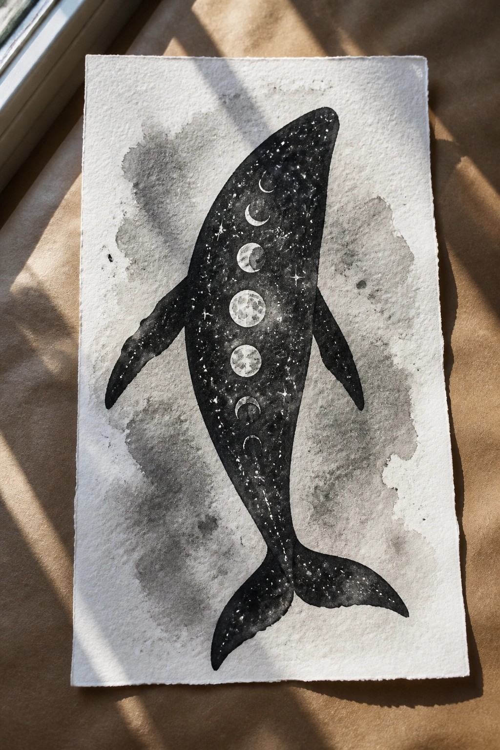 Black whale with stars and moon phases in watercolor on white paper