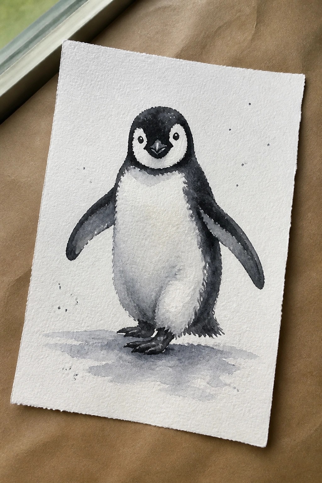 Watercolor penguin standing on white paper over brown surface with soft shadows.