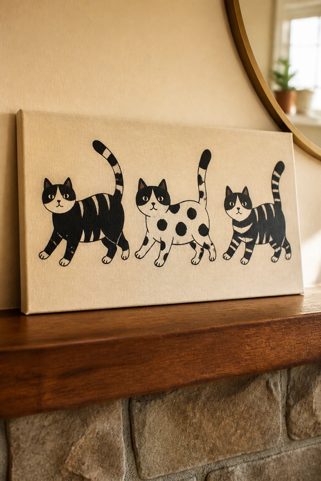 Three stylized black-and-white cats on canvas atop wooden mantel with stone below
