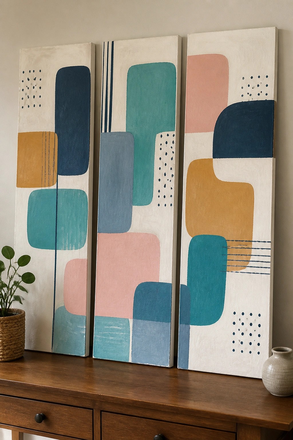 Three abstract geometric paintings above a wooden console with plant and vase.