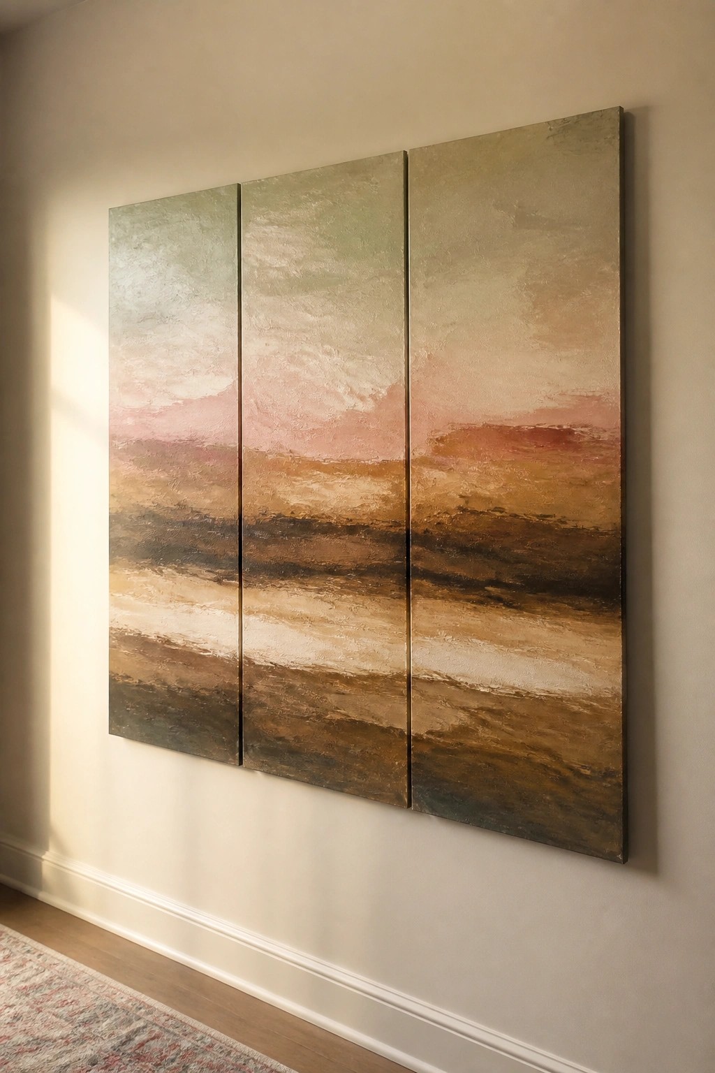 Three-panel abstract painting with layered earthy tones on a light wall