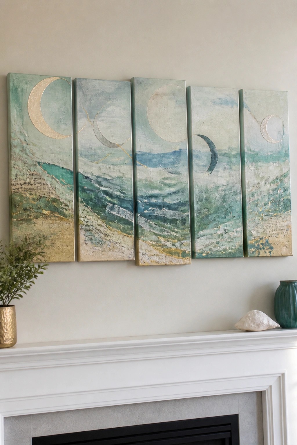 Five-panel moon phase seascape painting above white fireplace mantel with vases.